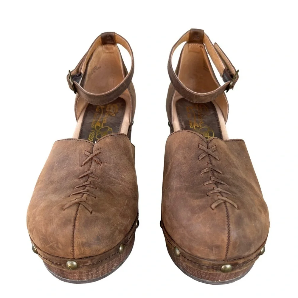 Sbicca Donerail Leather Studded Platform Clog Sandal Brown Size 10 Ankle Strap